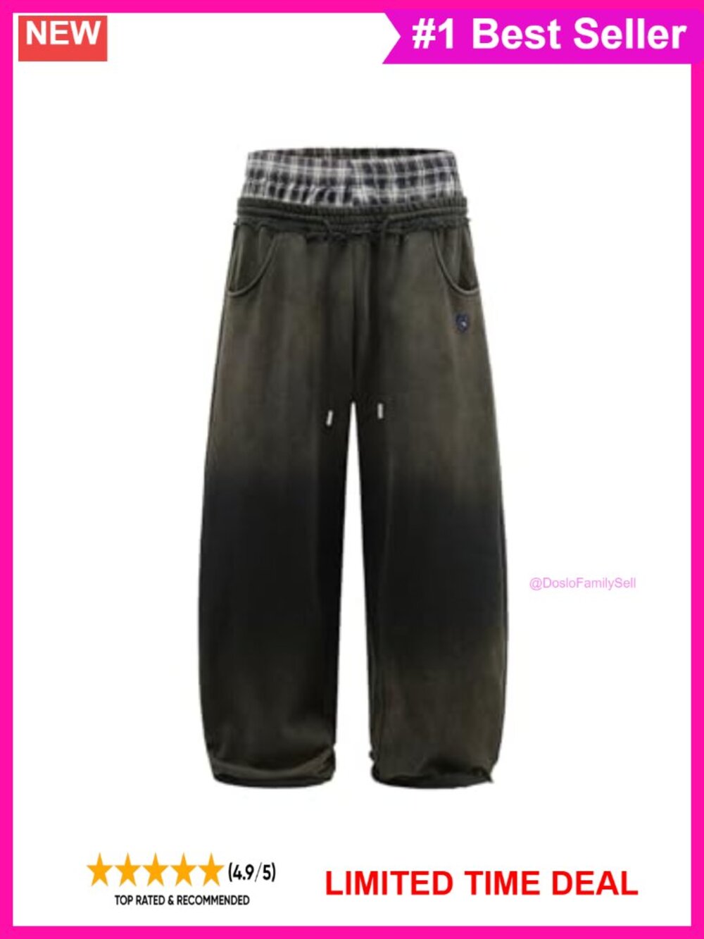 Double Waist Washed Baggy Sweatpants Wide Leg Plaid Patchwork Casual